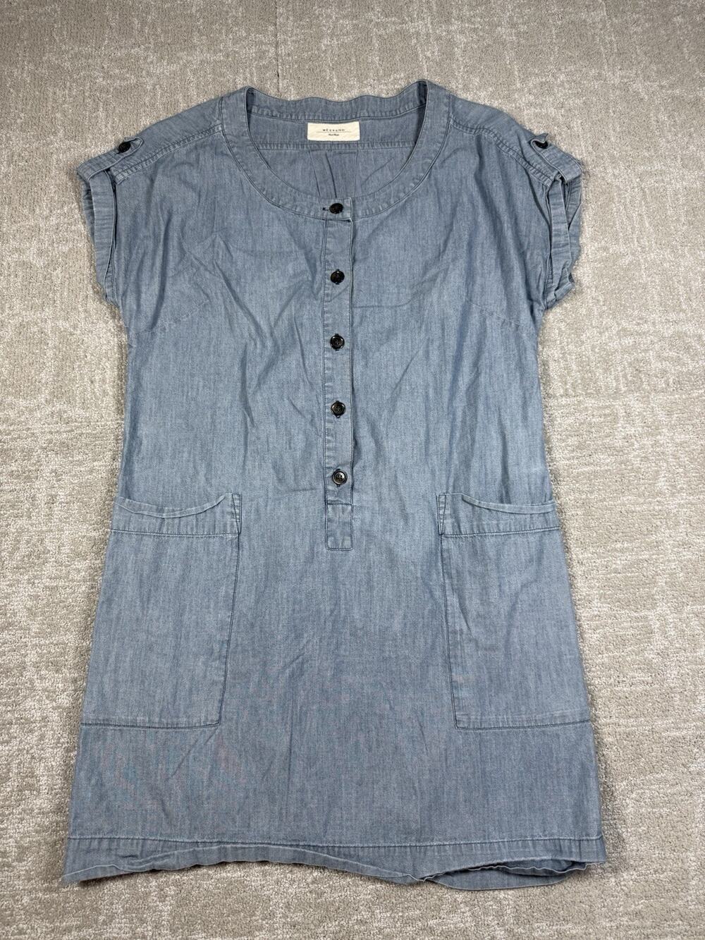 Weekend Max Mara Blue Chambray Short Sleeve Button Down Pocket Dress Size 6
